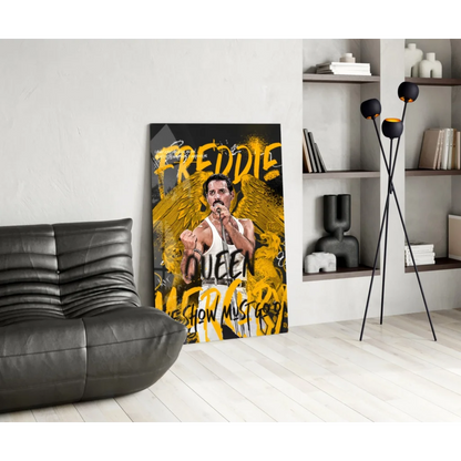 Vibrant Freddie Mercury glass wall art with golden wings and Queen text
