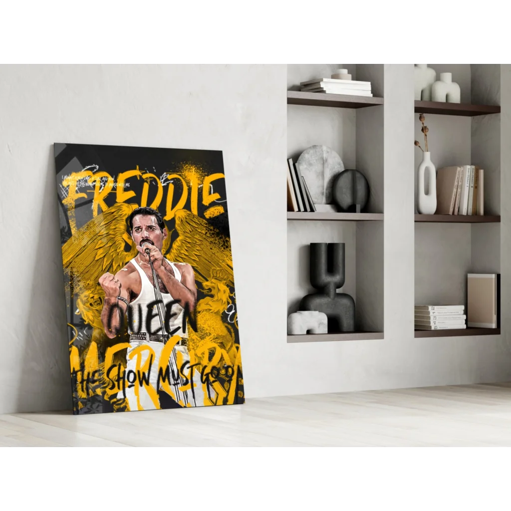 Vibrant Freddie Mercury glass wall art with golden wings and Queen text