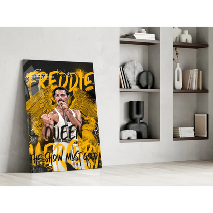 Vibrant Freddie Mercury glass wall art with golden wings and Queen text