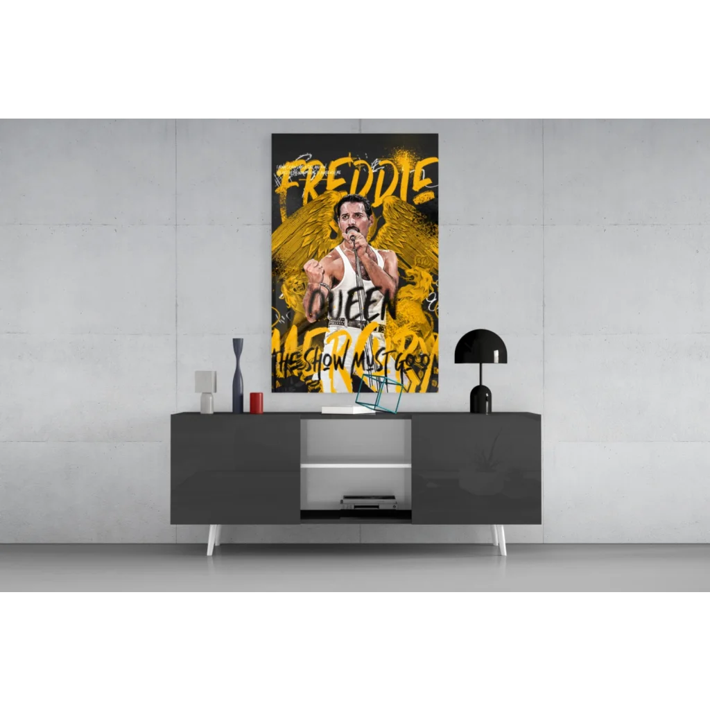 Vibrant Freddie Mercury glass wall art with wings and Queen logo