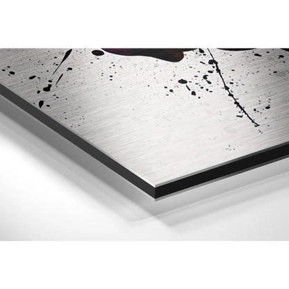 Silver metallic canvas with black ink splatter on brushed aluminium dibond