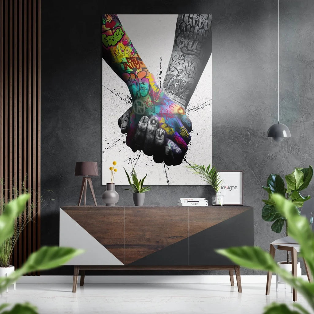 Vibrant graffiti arms clasped on brushed aluminium dibond print
