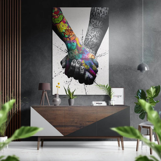 Vibrant graffiti arms clasped on brushed aluminium dibond print
