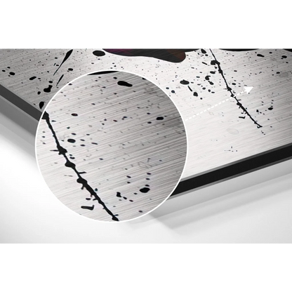 Stunning brushed aluminium dibond art with bold black ink splatter