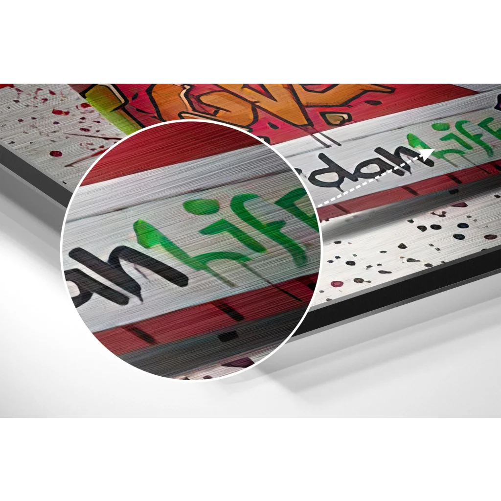 Vibrant graffiti on brushed aluminium dibond wall art