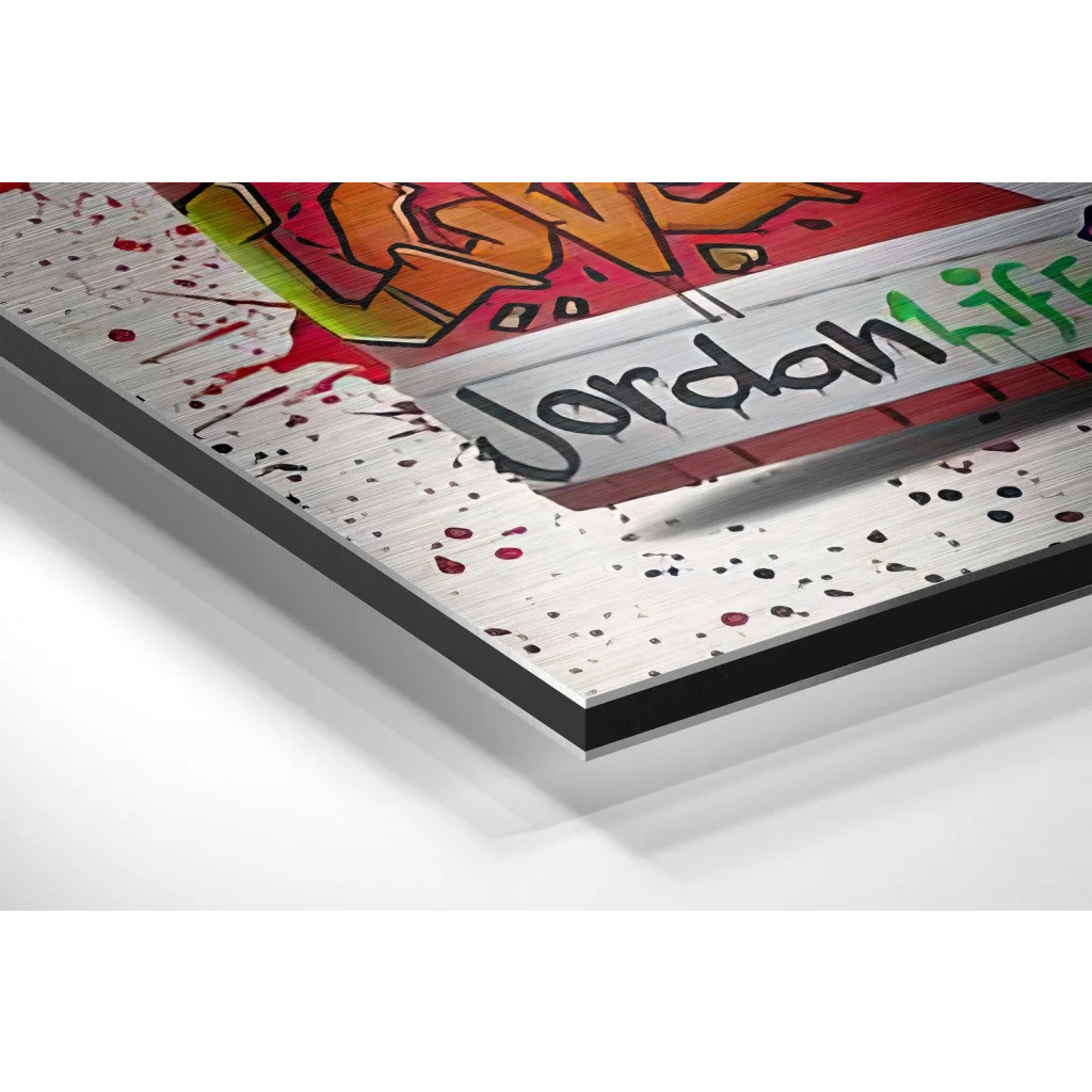 Vibrant Jordan graffiti on brushed aluminium dibond wall art
