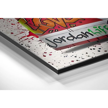 Vibrant Jordan graffiti on brushed aluminium dibond wall art