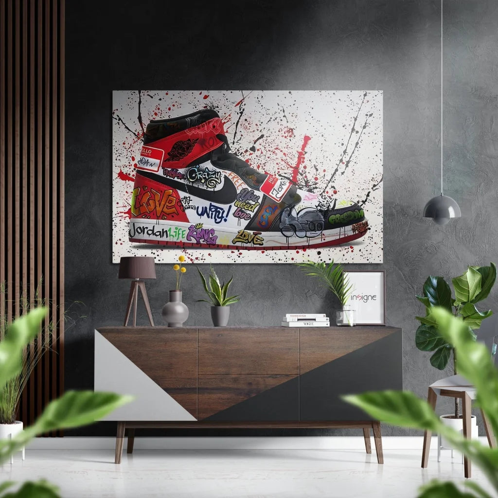 Vibrant red and black Air Jordan 1 sneaker on brushed aluminium dibond wall art