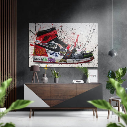 Vibrant red and black Air Jordan 1 sneaker on brushed aluminium dibond wall art