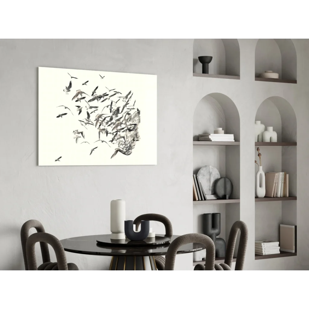 Minimalist black-and-white soaring birds canvas wall art on gray wall