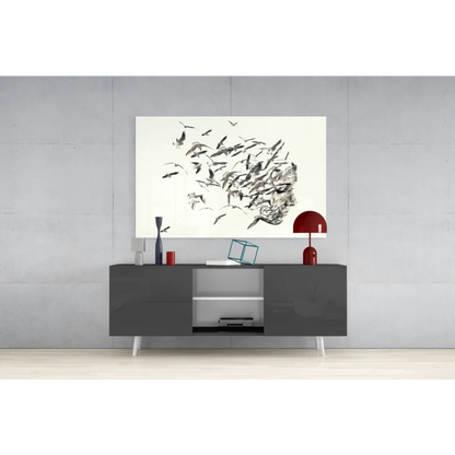 Modern black and white soaring birds wall art canvas on gray console