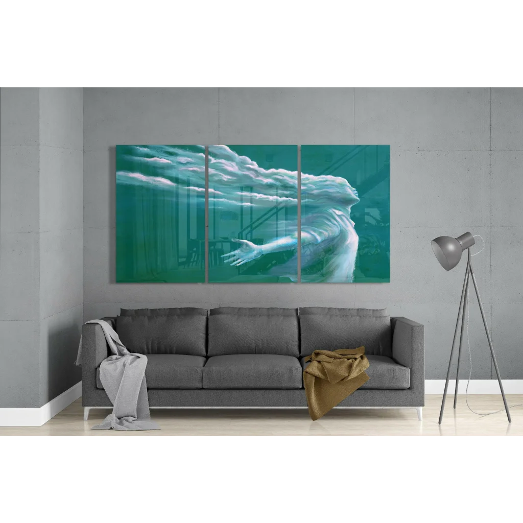 Teal and white abstract underwater figure glass wall art triptych
