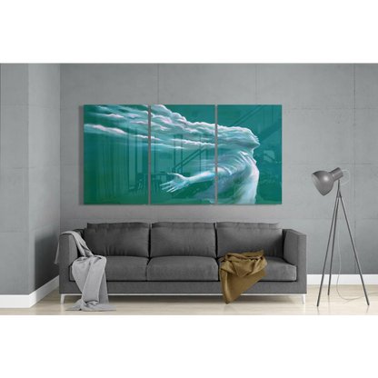 Teal and white abstract underwater figure glass wall art triptych