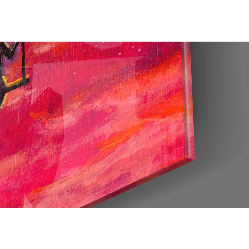 Vibrant abstract glass wall art print with bold reds, pinks, oranges