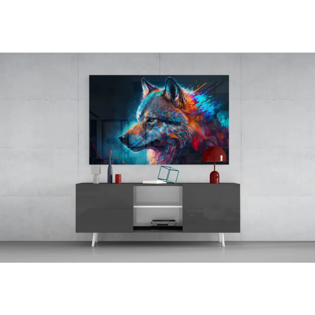 Vibrant wolf glass wall art print with glowing hues on dark background