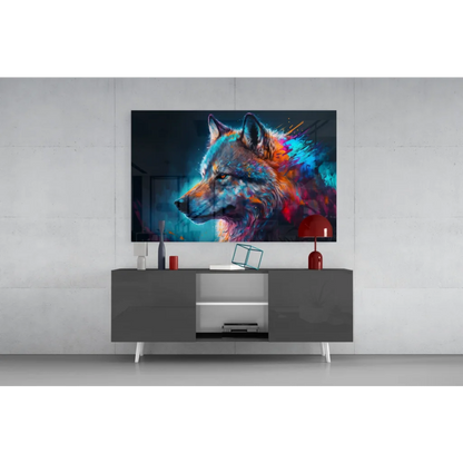 Vibrant wolf glass wall art print with glowing hues on dark background