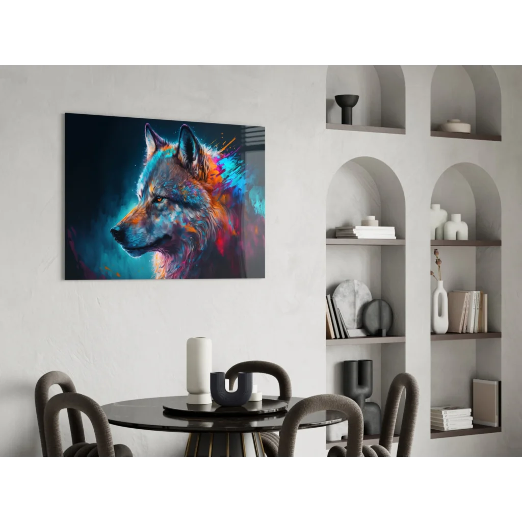 Vibrant glass wall art of wolf head in blue, orange, purple