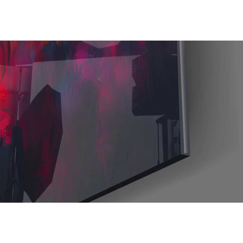 Sleek TV displaying vibrant glass wall art in reds and purples