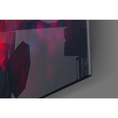 Sleek TV displaying vibrant glass wall art in reds and purples
