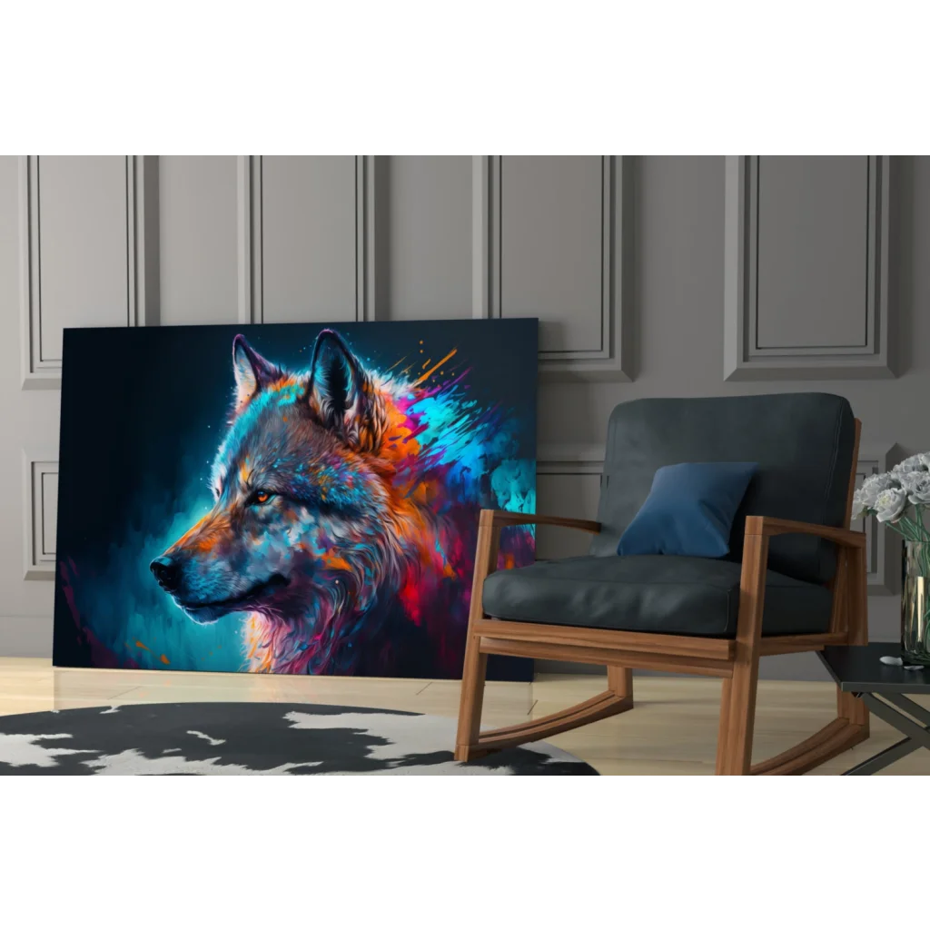 Stylized wolf in vibrant glass wall art print on dark background