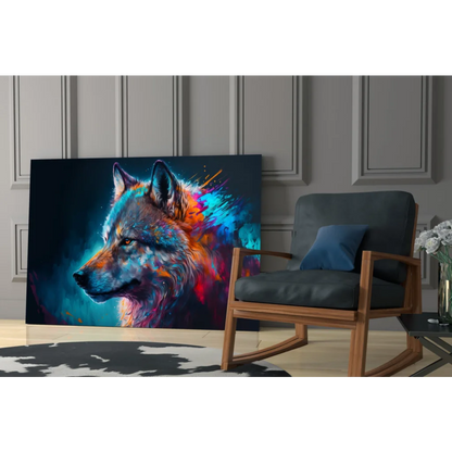 Stylized wolf in vibrant glass wall art print on dark background