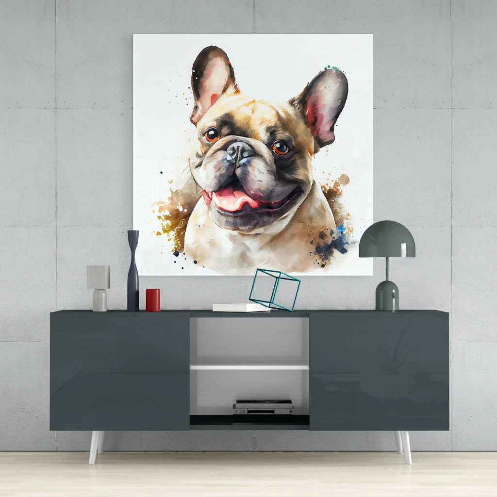 Smiling French Bulldog watercolor on glass wall art