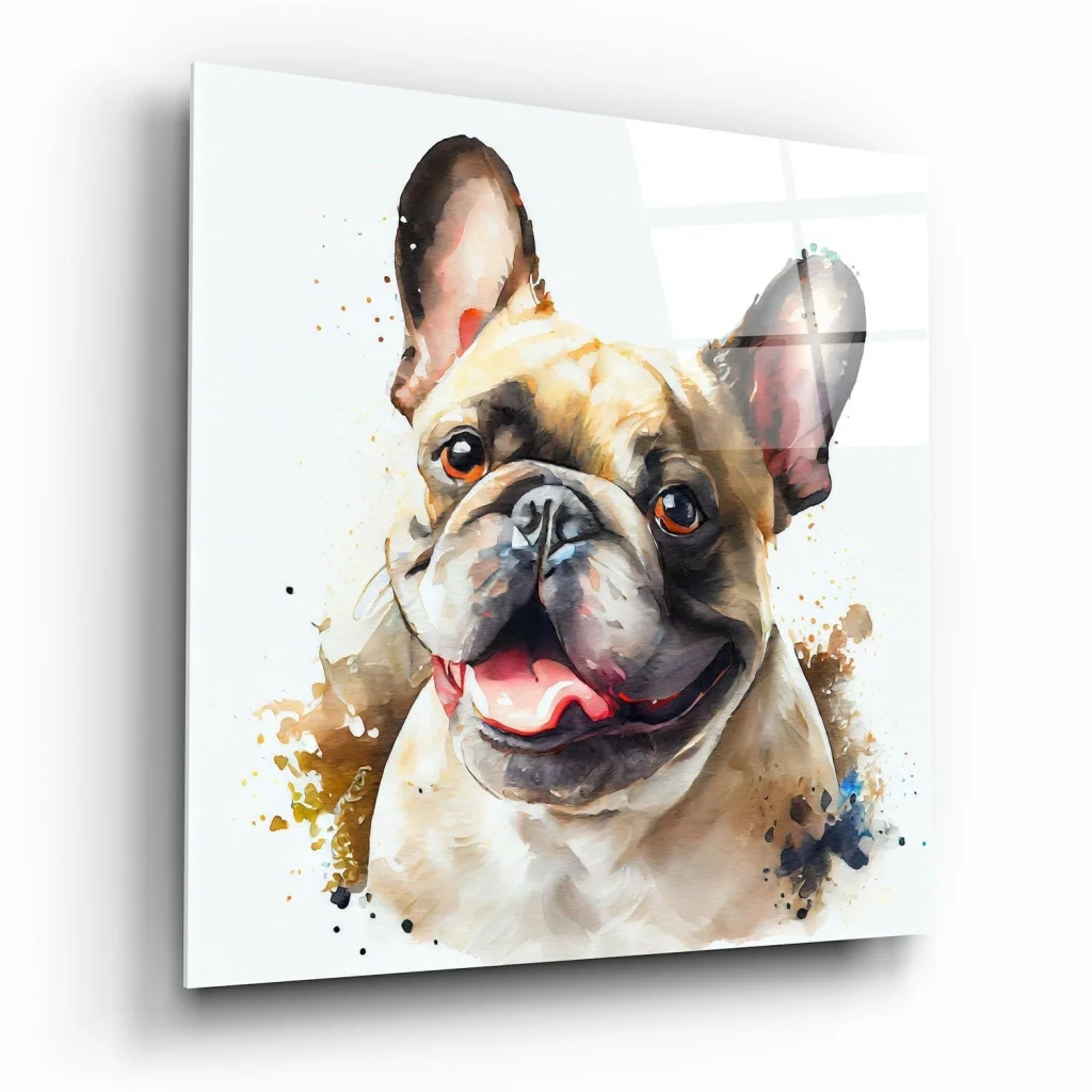 Watercolor French Bulldog on square glass wall art panel
