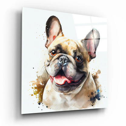 Watercolor French Bulldog on square glass wall art panel