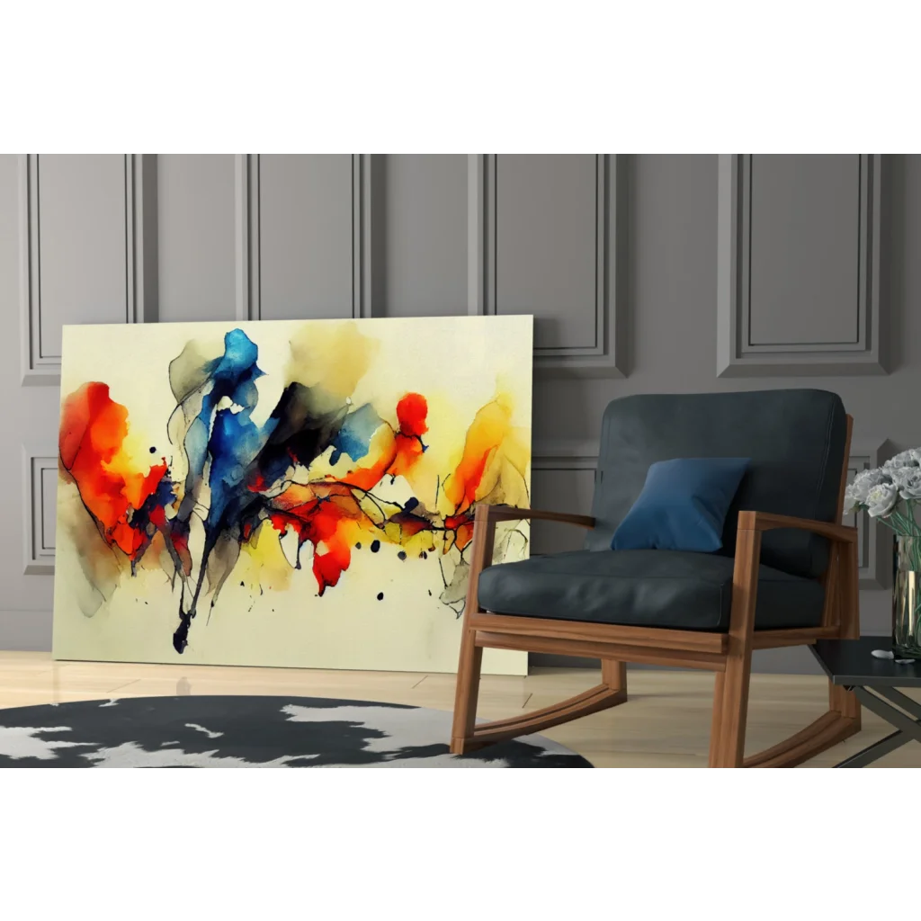 Vibrant explosive color splash abstract wall art canvas with red, blue, yellow on cream