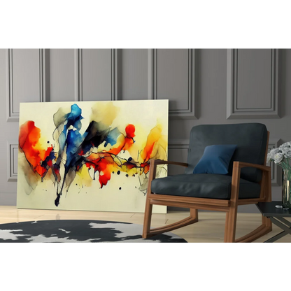 Vibrant explosive color splash abstract wall art canvas with red, blue, yellow on cream