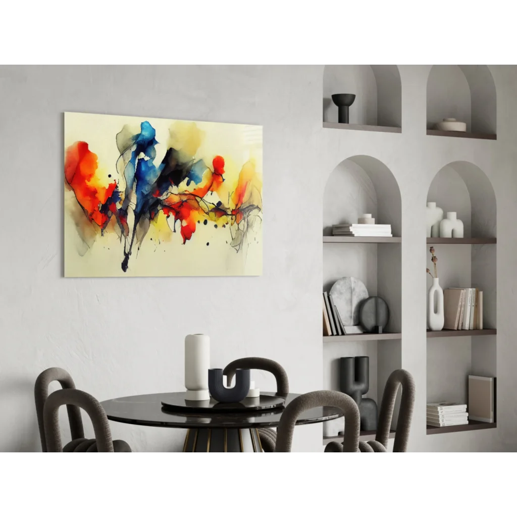 Vibrant explosive color splash abstract canvas wall art with bold red blue yellow on cream