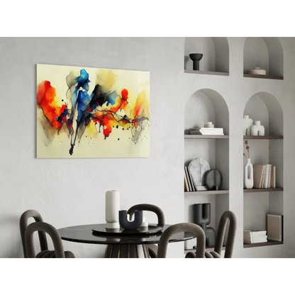 Vibrant explosive color splash abstract canvas wall art with bold red blue yellow on cream