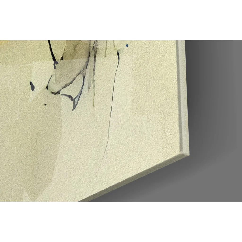 Cream-colored canvas wall art with black ink splatters and drips