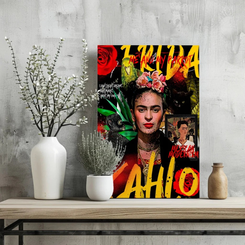 Vibrant Frida Kahlo pop art on Insigne aluminum prints with floral crown