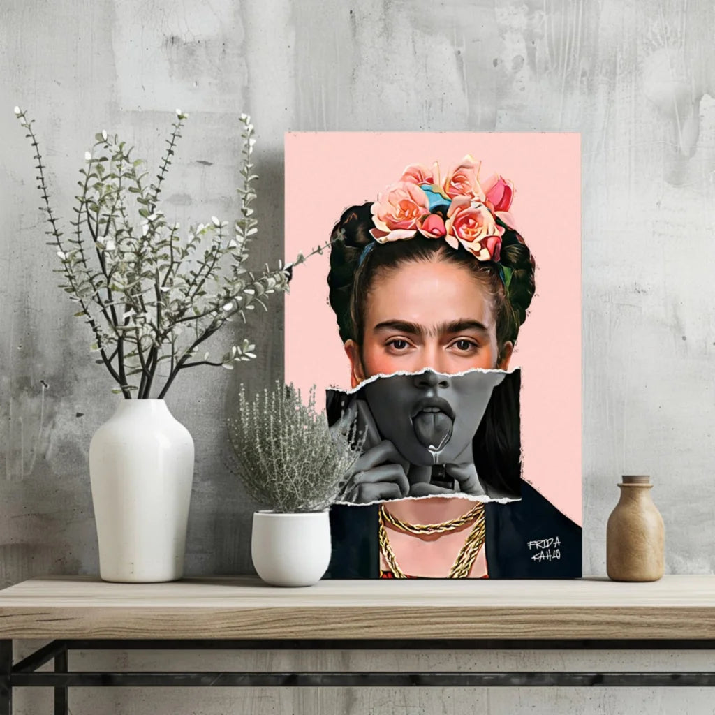 Pink Frida Kahlo canvas portrait with floral crown and gold necklace