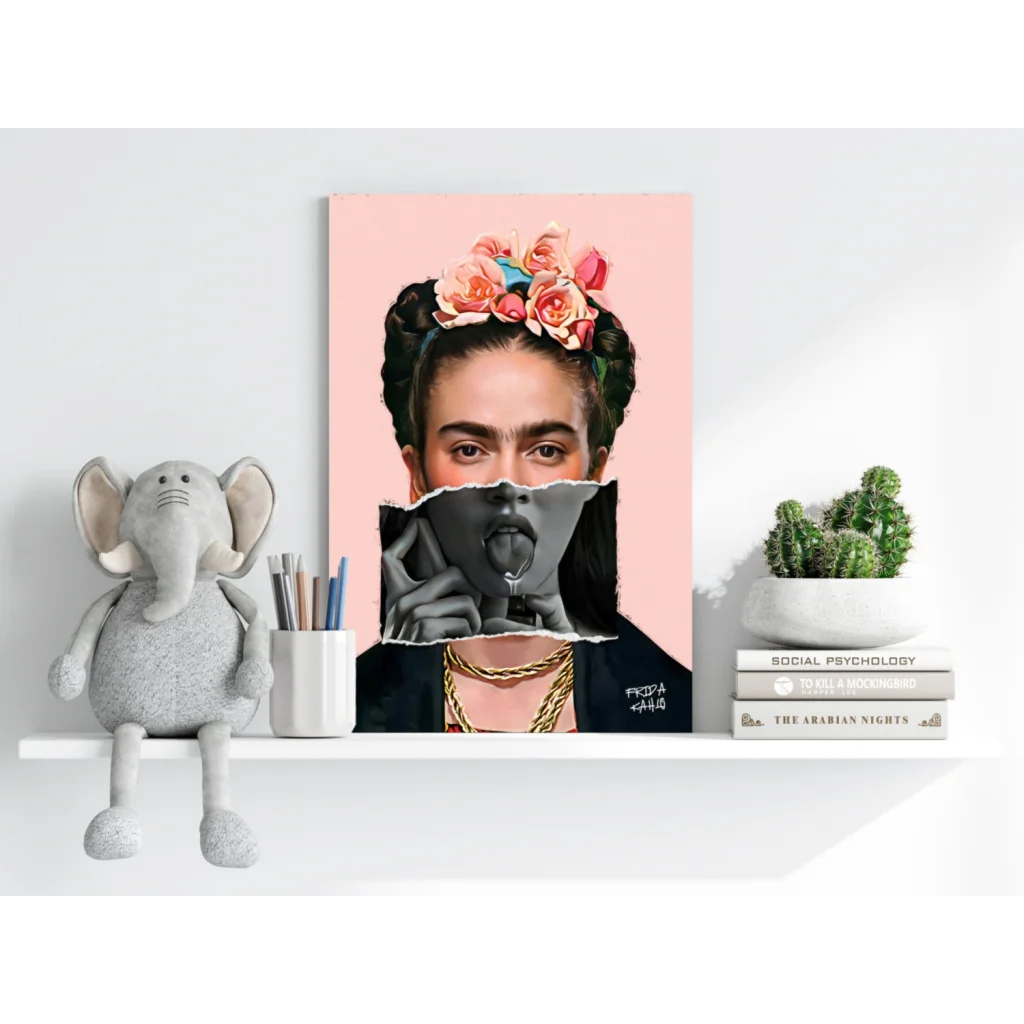 Frida Kahlo portrait canvas print with vibrant floral crown on pink background
