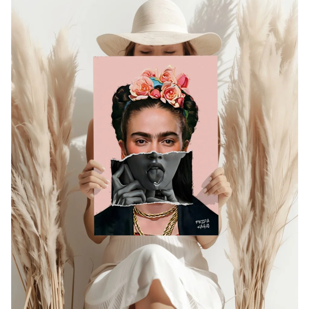 Vibrant Frida Kahlo floral crown black-and-white portrait canvas print set of 4