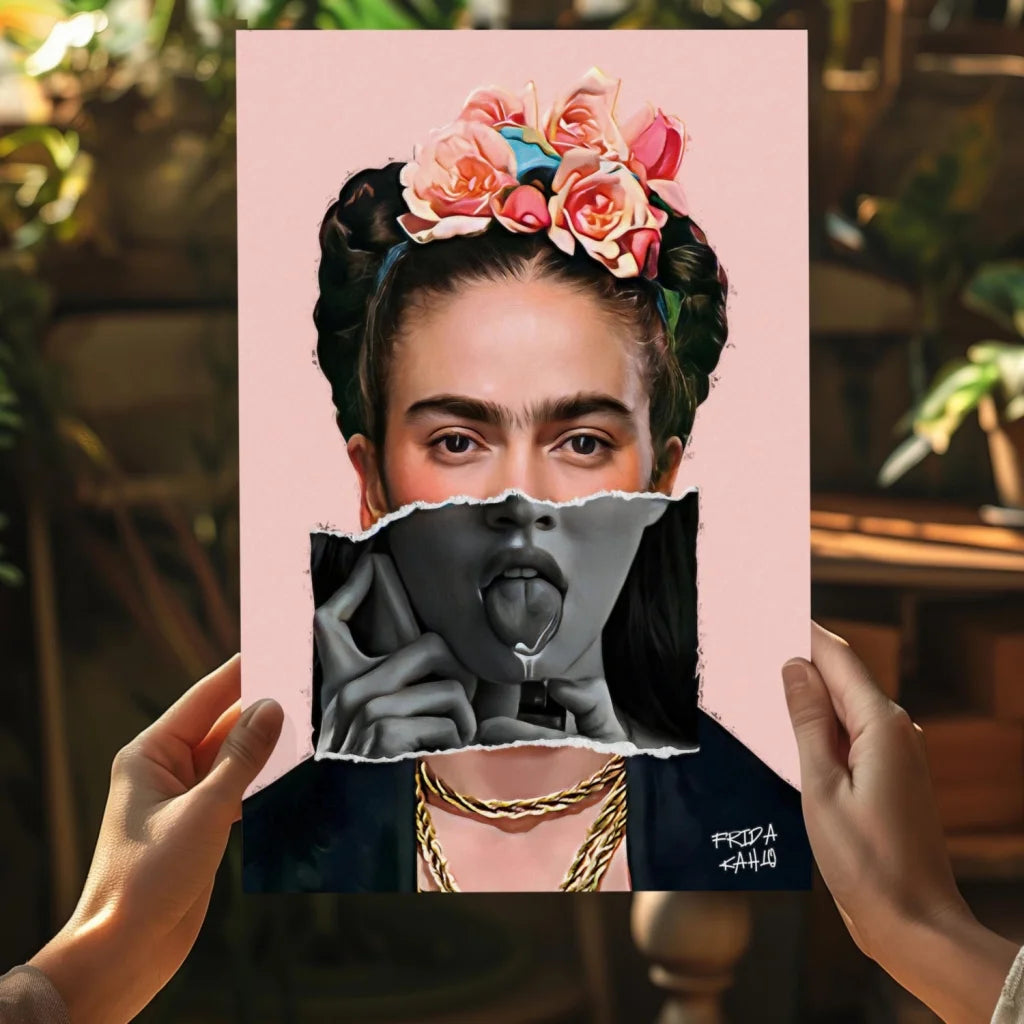 Frida Kahlo poster with vibrant floral crown and bold black-and-white portrait