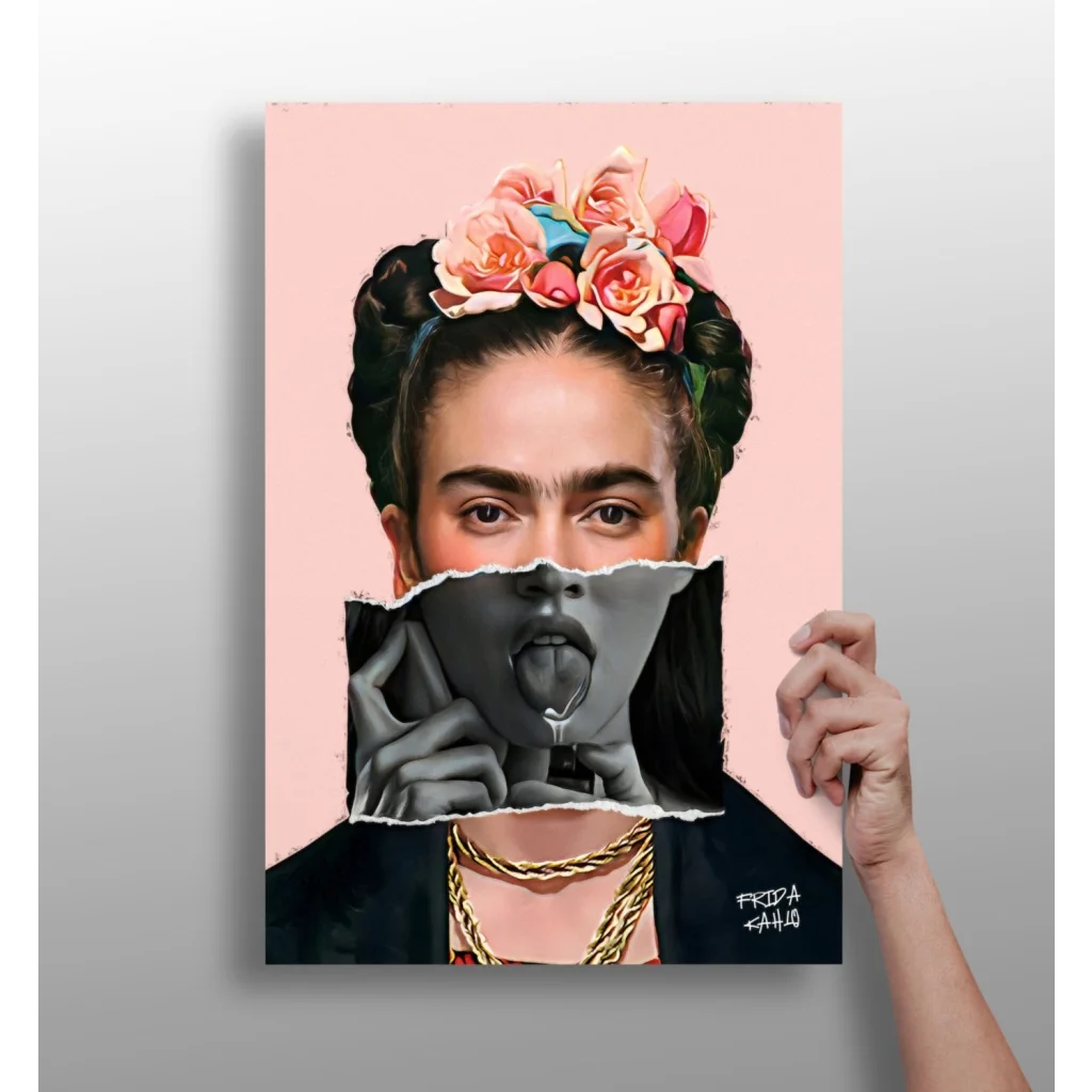Vibrant Frida Kahlo poster with floral crown and bold jewelry, canvas print set of 4