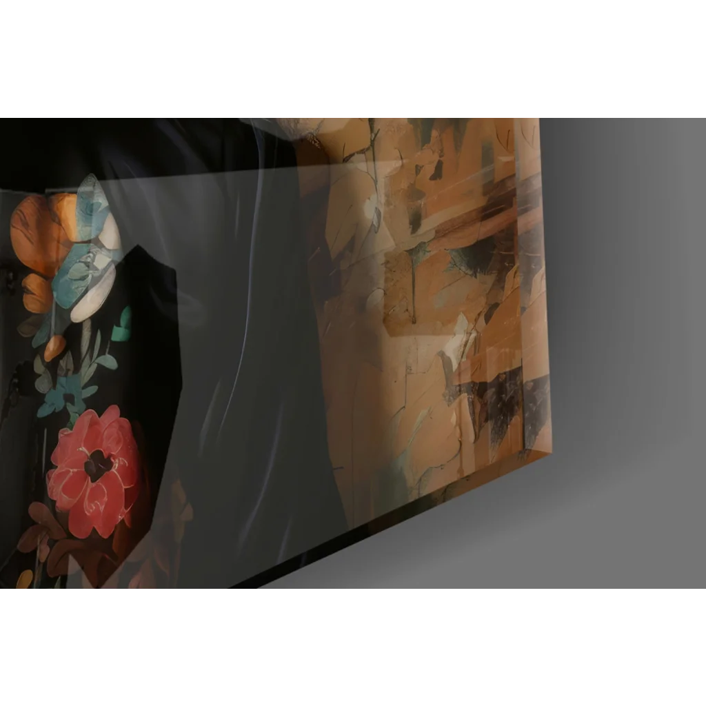 Frida Kahlo tempered glass art with vibrant floral crown and bold orange teal strokes