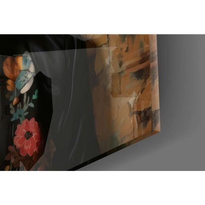 Frida Kahlo tempered glass art with vibrant floral crown and bold orange teal strokes