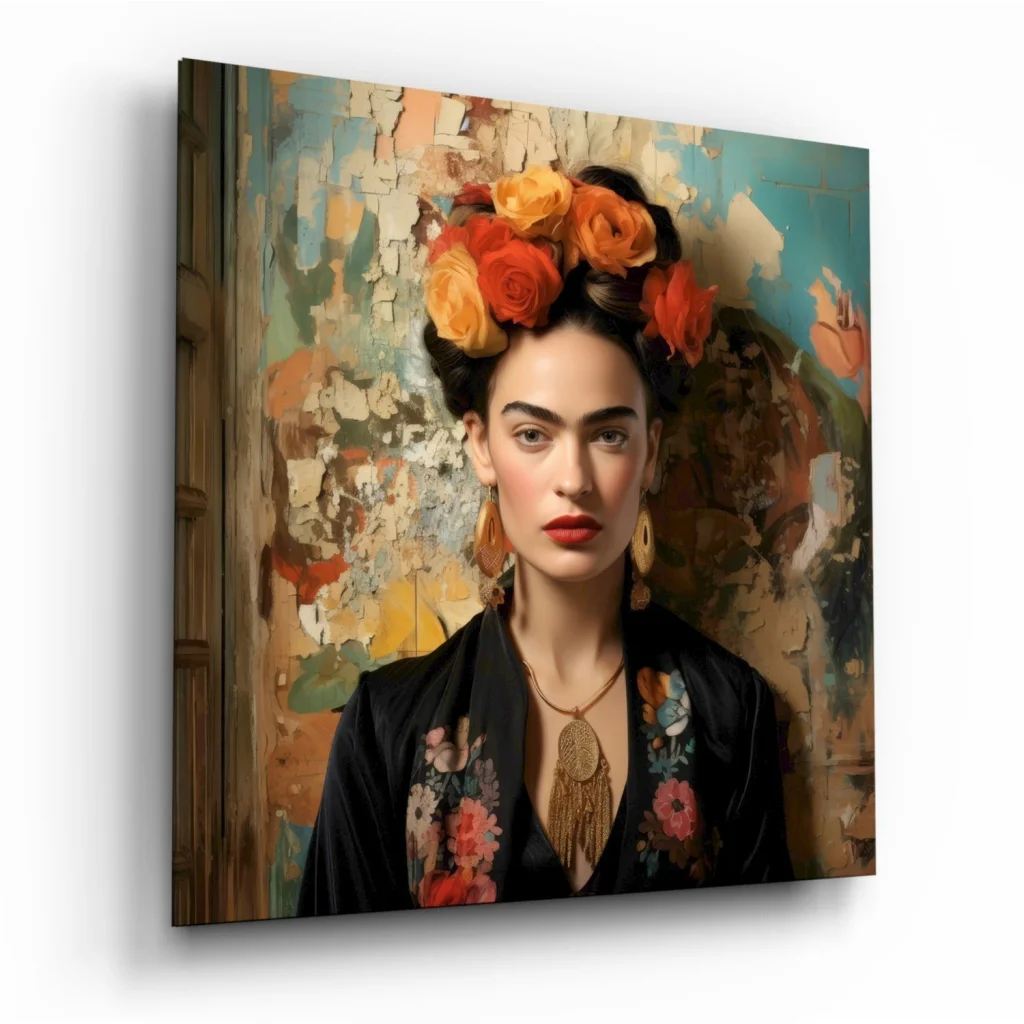 Frida Kahlo Tempered Glass Art with Vibrant Floral Crown | Insigneart USA | vintageantiquesgifts.com
