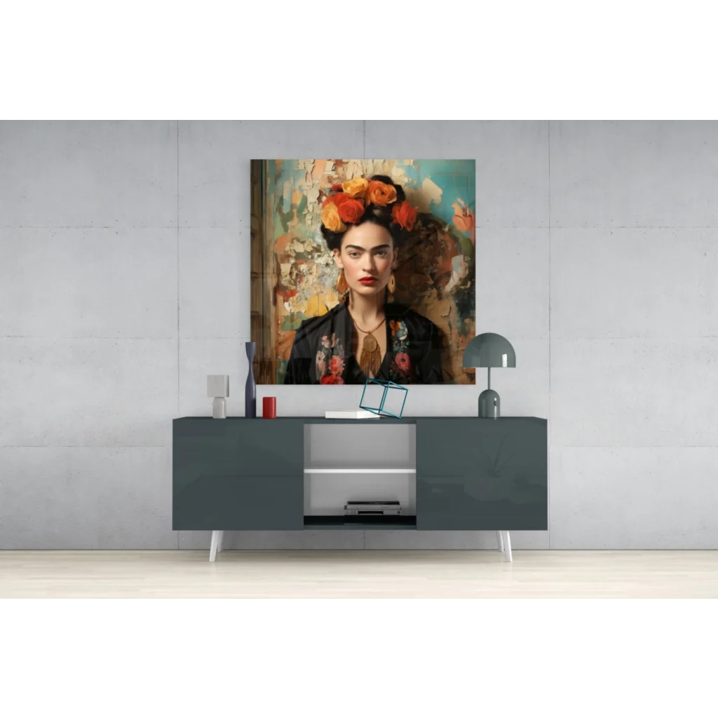 Vibrant Frida Kahlo tempered glass art with floral crown and red lips