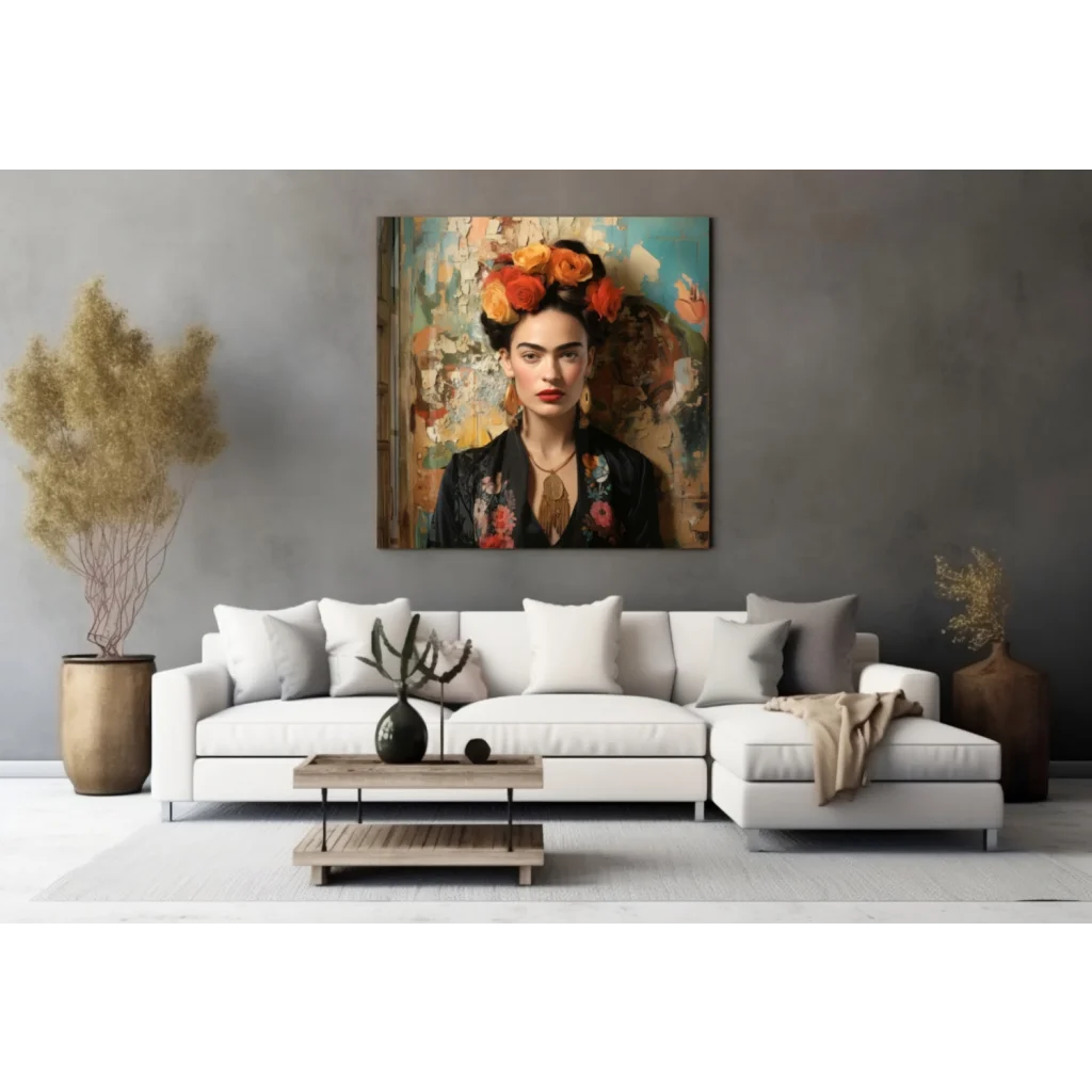 Frida Kahlo Tempered Glass Art with Vibrant Floral Crown | Contemporary Home Wall Art | vintageantiquesgifts.com