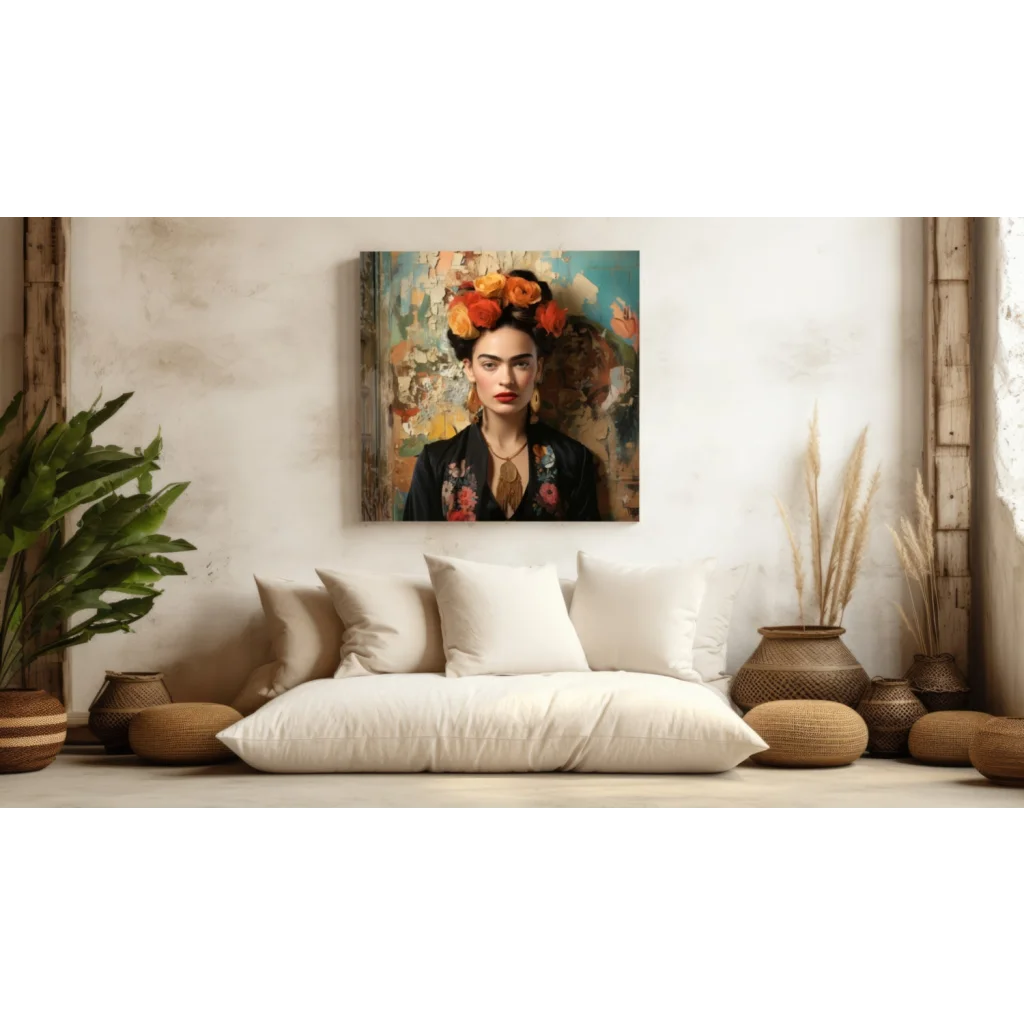 Frida Kahlo Tempered Glass Art with Vibrant Floral Crown | Modern Wall Art Decor | vintageantiquesgifts.com