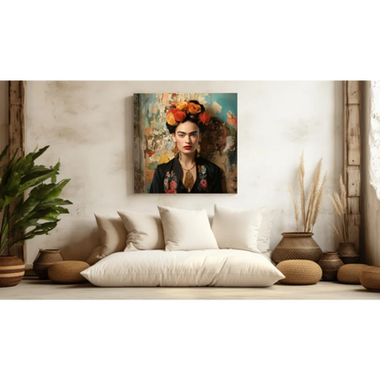 Frida Kahlo Tempered Glass Art with Vibrant Floral Crown | Modern Wall Art Decor | vintageantiquesgifts.com