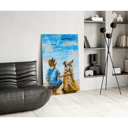 Vibrant boy and golden dog glass wall art canvas print