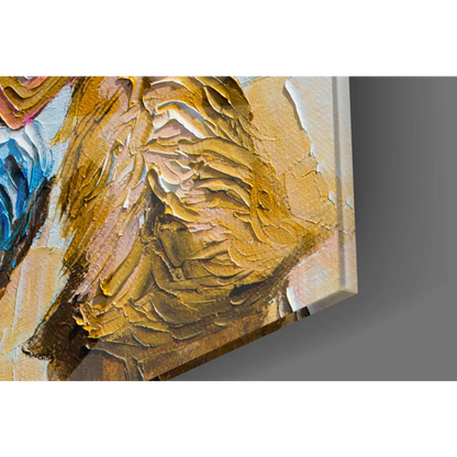 Golden dog boy glass wall art canvas print with textured yellow strokes