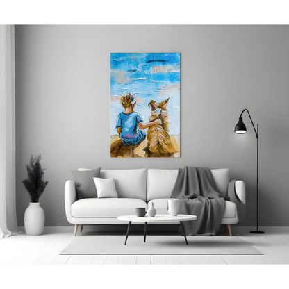 Boy and golden dog glass wall art canvas print