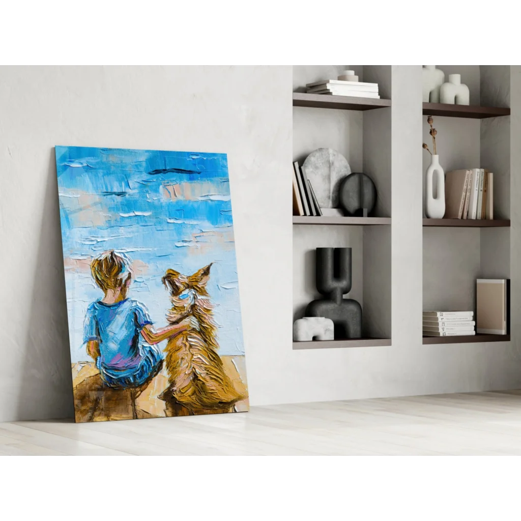 Vibrant boy and golden dog glass wall art canvas print